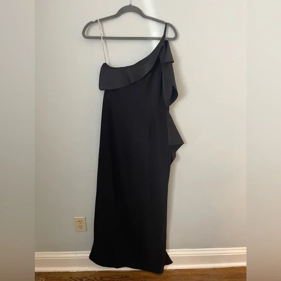 halston heritage black one shoulder dress Agu Gown In Satin